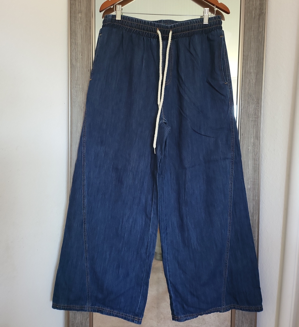 SIDEFEEL Wide Leg Drawstring Denim Pants - Navy Blue